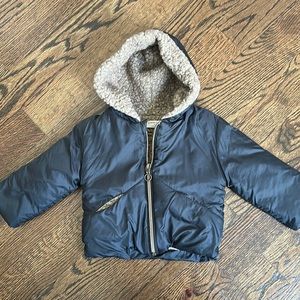 1+ in the Family baby coat. Black and beige pile. Size 6 mos